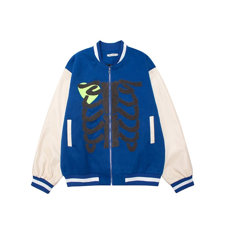 

Color Match Patchwork Skull Embroidery Woolen Coat Mens and Womens Stand Zipper Pockets Retro Casual Oversized Autumn Jackets