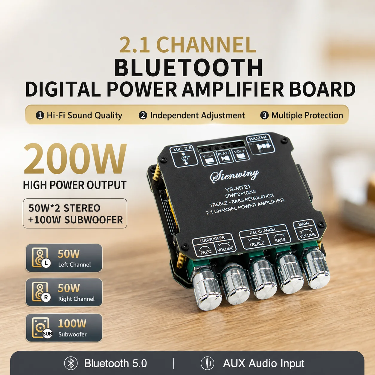 Фото Плата усилителя Bluetooth 5.1 MT21, 2.1-канальный усилитель мощности 200 Вт (50/100 Вт*2+100 Вт) Hi-Fi, стереоусилитель для сабвуфера, AUX, USB №1