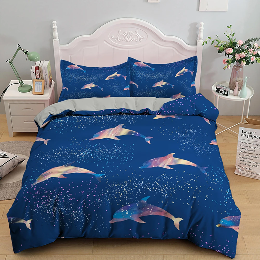 

Popular Dreaminess Ocean Animal Bedding Set Cartoon Dolphin Quilt Cover 2/3pcs 200x200 Full Size Bedclothes Bed Linen(NO Sheet)