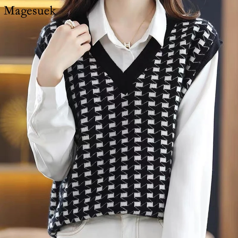 

Vintage Wool Plaid Sweater Vest Women Sleeveless V-neck Knitted Sweater Female Fashion Loose Jumper Sweaters Pull Femme 23076