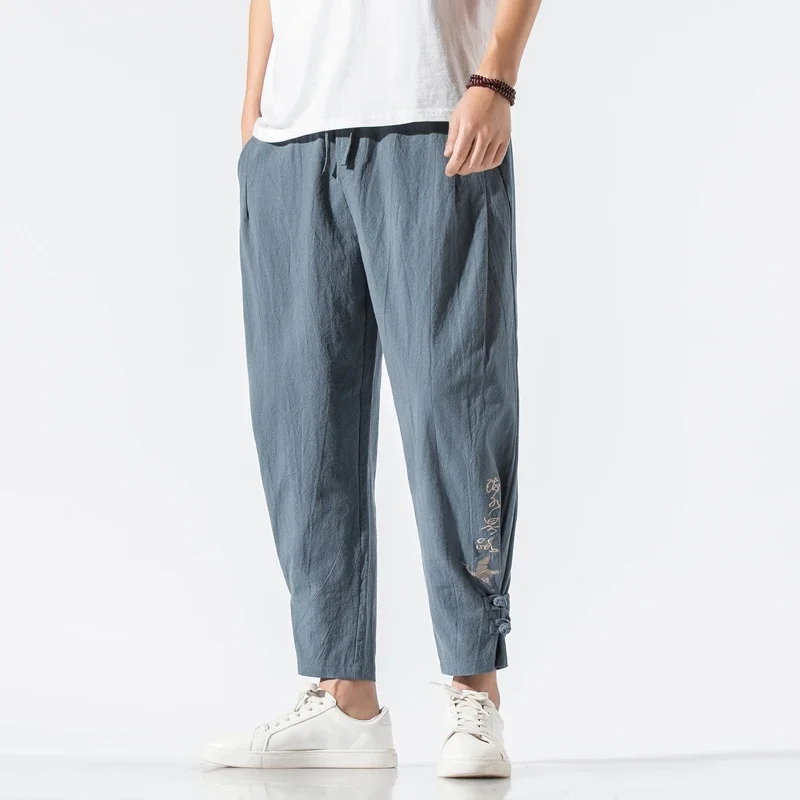 

Men's Fall Pants Solid Color Pocket Everyday Wear Soft Ankle Length Plus Size Men's Sweatpants Embroidered Haren Pants