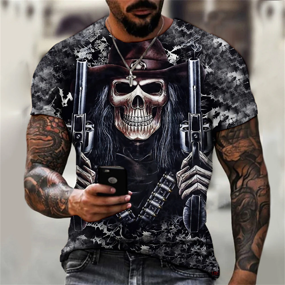 

Vintage Men's T-shirts Skull Terror Graphics Print Short Sleeve Tee Loose Top Oversized T-shirt Party Skulls Clothing Streetwear