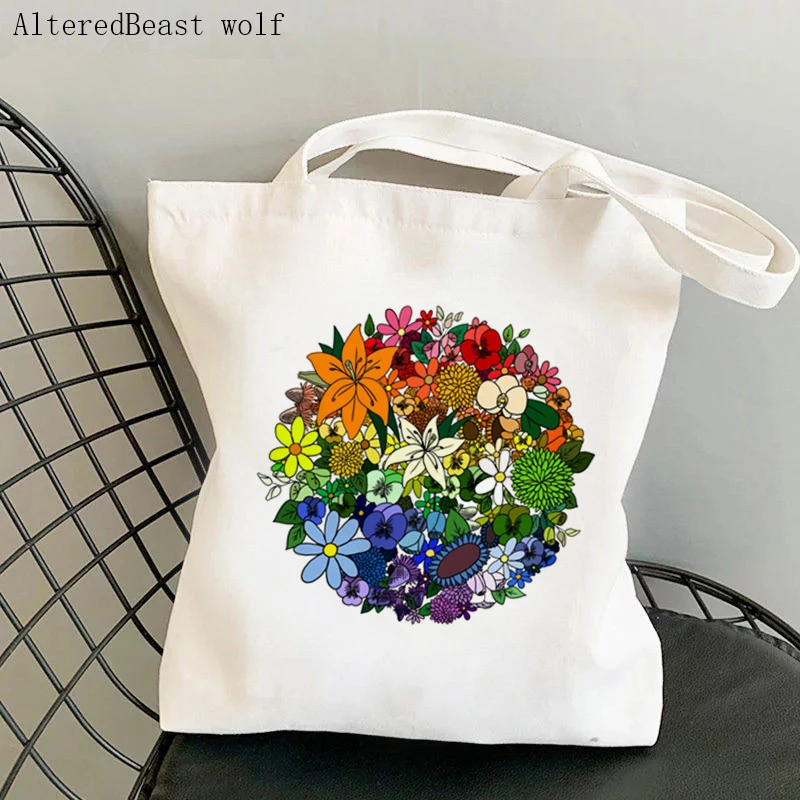 

Women's Shoulder Bag Rainbow pride Flowers Kawaii Canvas Bag Harajuku Shopping Shopper Bag girl handbag Canvas Tote Lady Bag