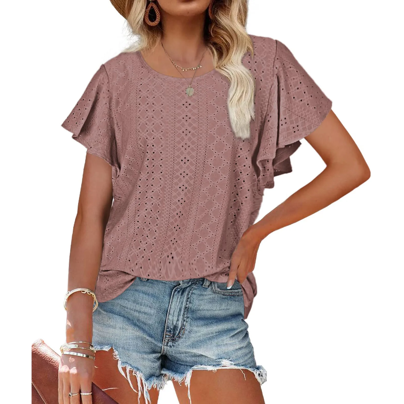 

2022 Fashion New Summer Simple Ruffle Short-sleeved T-shirts Round Neck Ladies Blouse Women's Soild Color Casual Office Tops