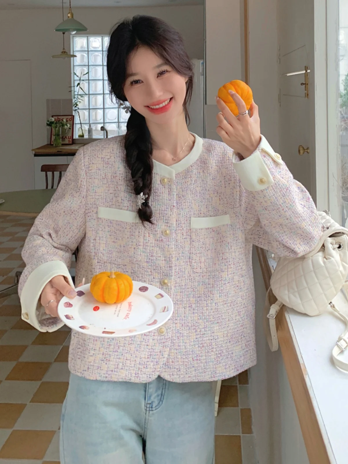 Розовая изящная верхняя одежда с круглым вырезом женская весенне-осенняя