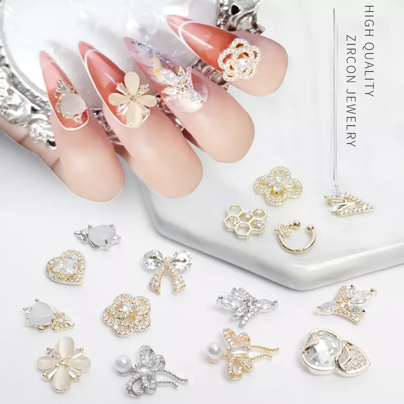 

2pcs/lot Nail Art Elegant Shapes Zircon Rhinestones Decoration With Gold Silver Alloy For Nail Tips Beauty