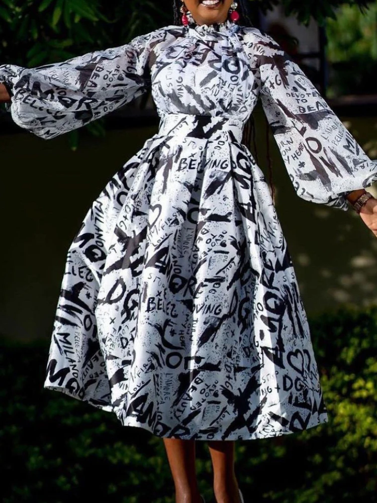 

Women Print Dress Long Lantern Sleeves Half High Collar A Line Female Vintage Retro African Occasion Party Event Celebrate Robes