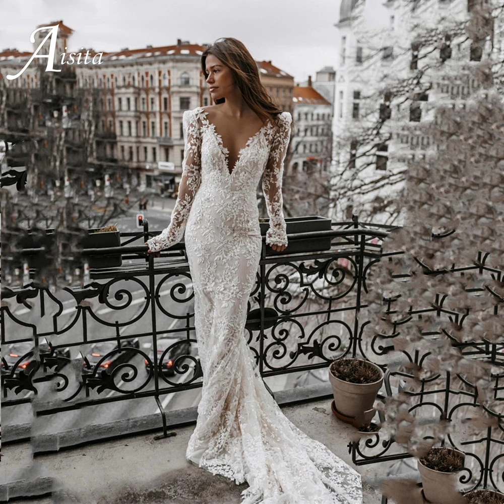 

Gorgeous Mermaid Wedding Dresses with Lace Appliques Sweep Train V-Neck Backless Full Sleeves Bride Gowns