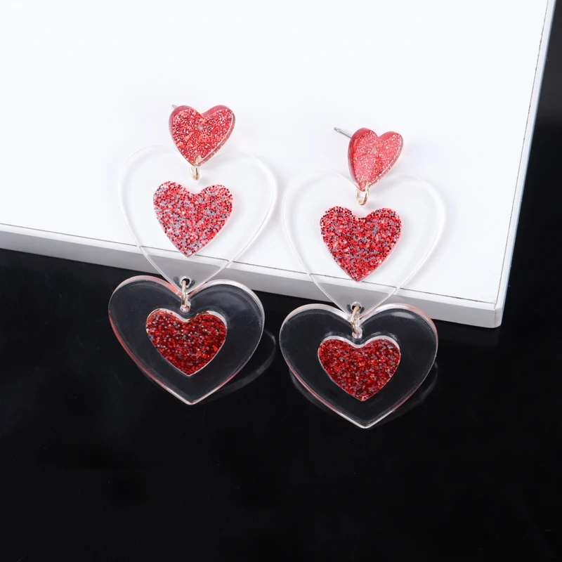 

New Glitter Red Acrylic Love Heart Dangle Earrings for Women 2023 Trendy Long Peach Hearts Drop Earring Valentine's Day Jewelry