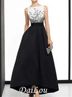 a line beautiful back elegant wedding guest formal evening dress boat neck sleeveless asymmetrical satin with appliques