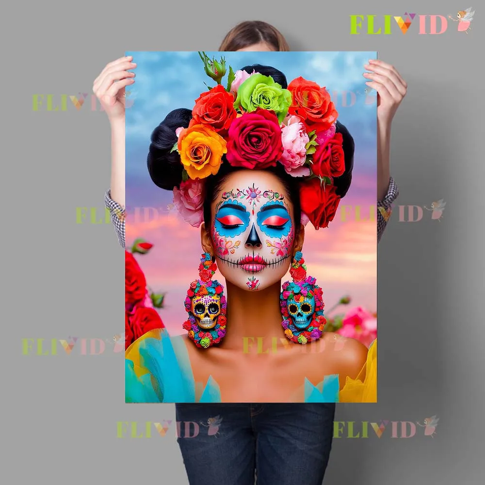 Мексиканский день мертвых цветы призрак лицо девушка женщина плакат настенная