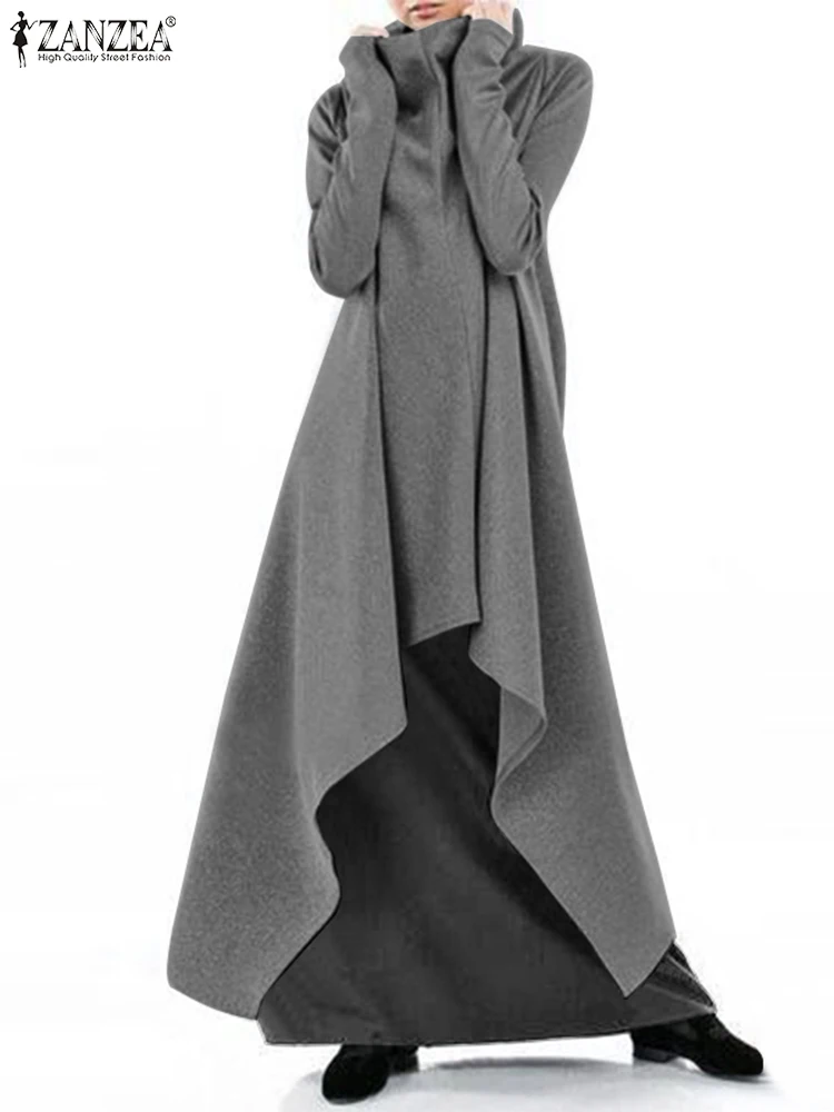 

ZANZEA Stylish Autumn Turtleneck Long Sleeve Sundress Women Asymmetrical Hem Sweatshirt Dress Casual Loose Solid Vestidos Kaftan