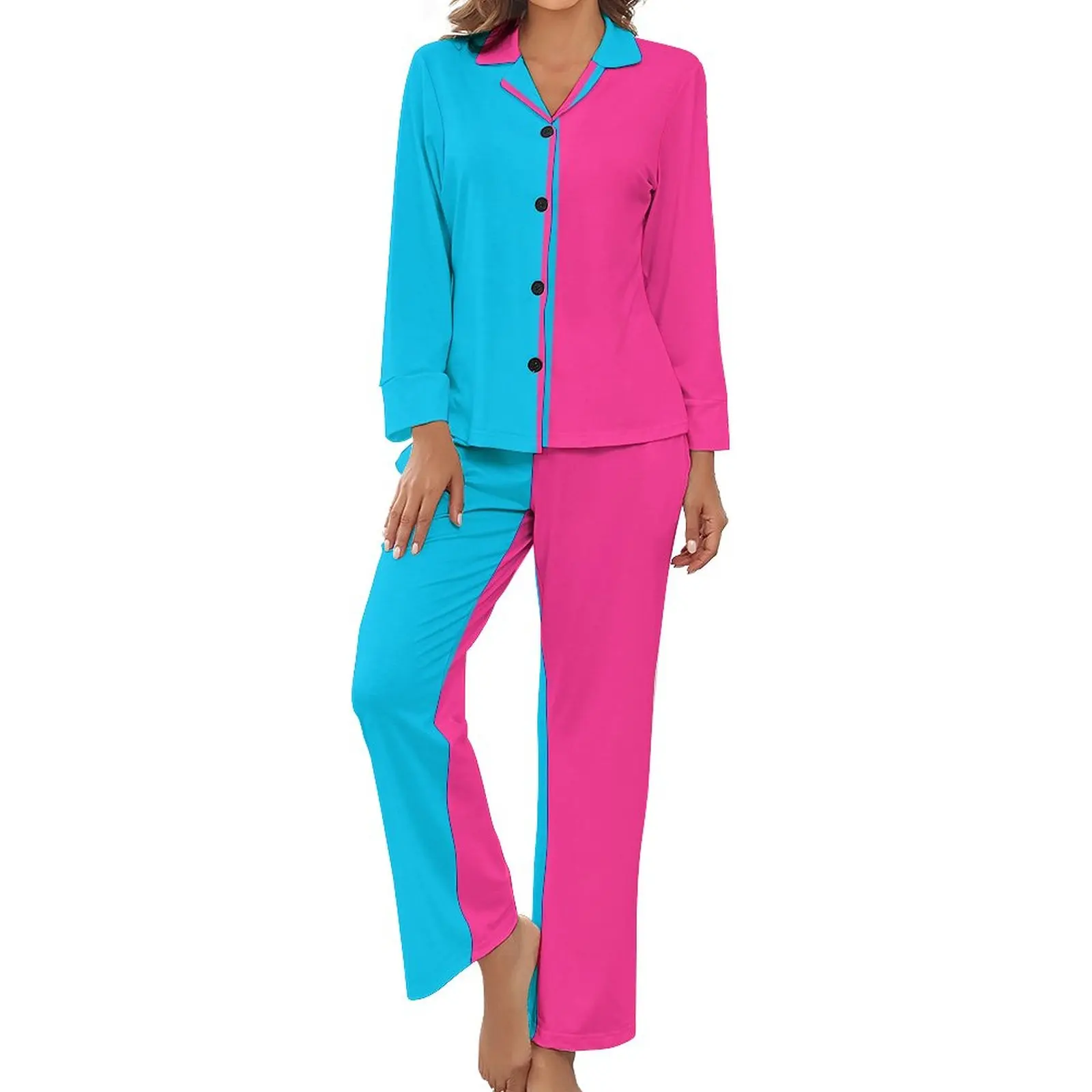 

Colorblock Print Pajamas Long Sleeve Two Tone 2 Pieces Sleep Pajamas Set Daily Womens V Neck Warm Home Suit