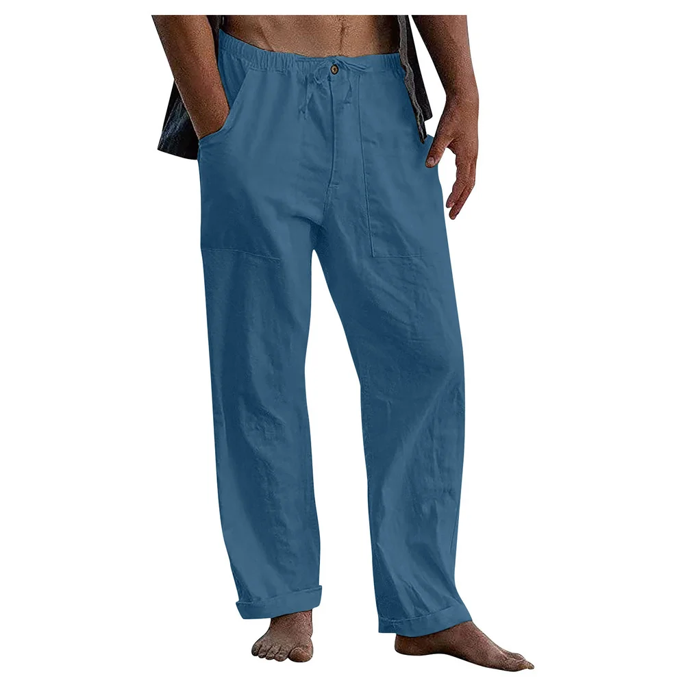 

2023 New Men's Cotton Linen Pants Male Cool Summer Breathable Solid Color Beach Trousers Yoga Stretch pants