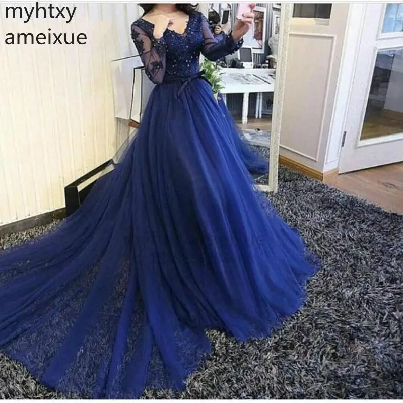 

Long Sexy Custom Royal Blue Sleeve Evening Dresses For Women V Neck Lace Beaded Gown Abiti Da Cerimonia Sera Robe De Soiree