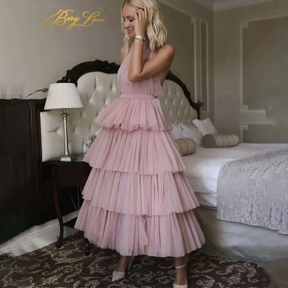 

Ruffled Tulle Evening Gown Prom Dress 2022 Tiered Evening Party Dress Sleeveless Ankle Length Vestido Formal Party Gown A Line