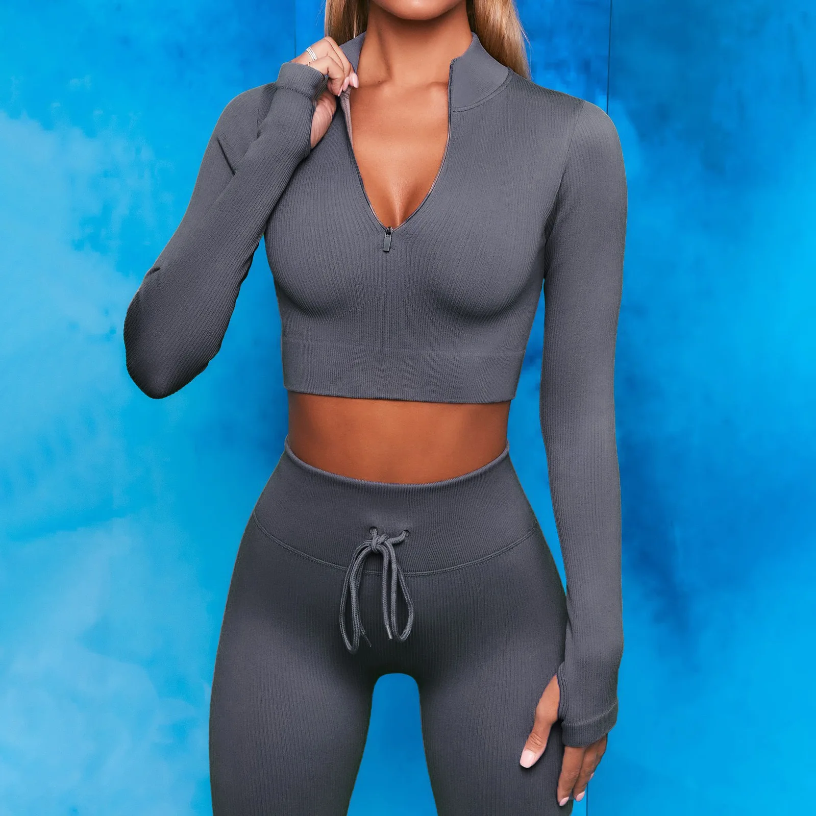 New Seamless Yoga Suit Set Thread Long Sleeve Chest Zipper Running Fitness Drawstring Pants