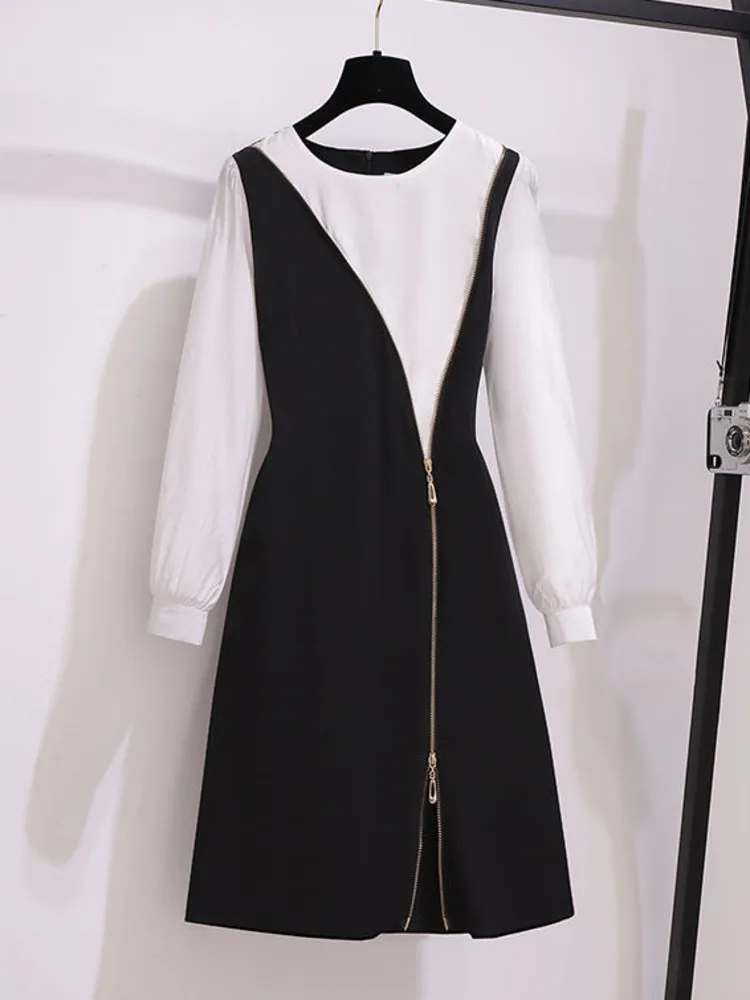 

Office Ladies Elegant Patchwork Spring Dresses Korean Casual Zipper Split High Waist A-line Vestidos Dresses