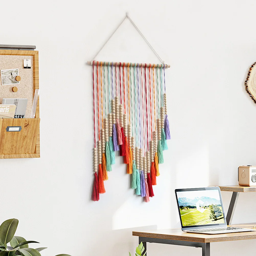 

SWEETHOME Bohemian Wall Hanging Tapestry With Tassels Wood Beads Hand Woven Modern Wall Art For Bedroom Living Room Decor