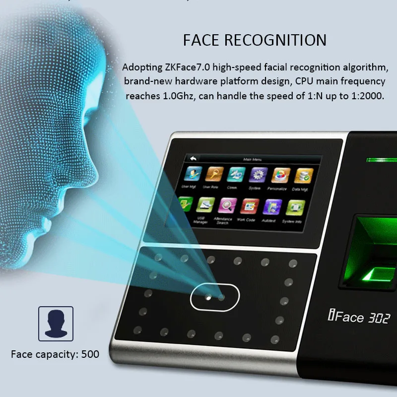 

ZK iFace302 отпечаток идентификации лица терминал контроля доступа 4,3 "сенсорный экран распознавание лица опционально Wifi / 4G