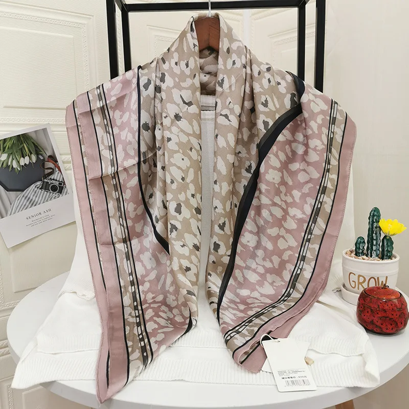 

New Korean scarf, leopard print, gray pink square scarf, women's decorative sunscreen scarf, functional silk thin scarf