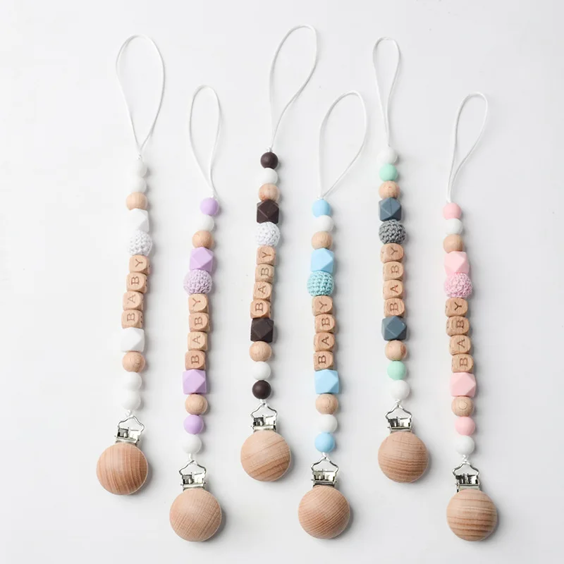 

New Baby Personalized Silicone Wooden Pacifier Clip Safety Tooth Chain Pacify Pacifier AntiLoss Chain Newborn Accessories Gift