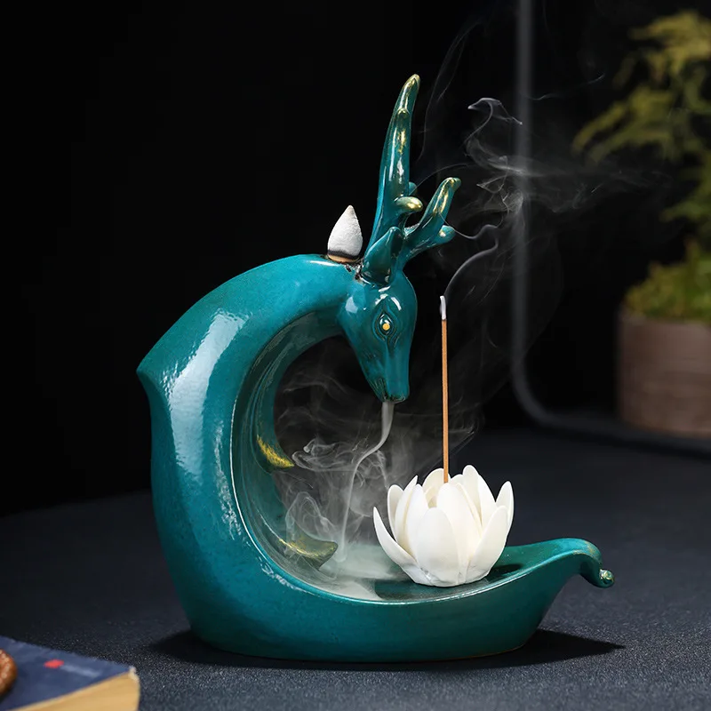 

Creative Ceramic Backflow Incense Line Incense Burner Accompanied by a Deer Incense Incense Burner and Zen Reflux Smoke Pendulum