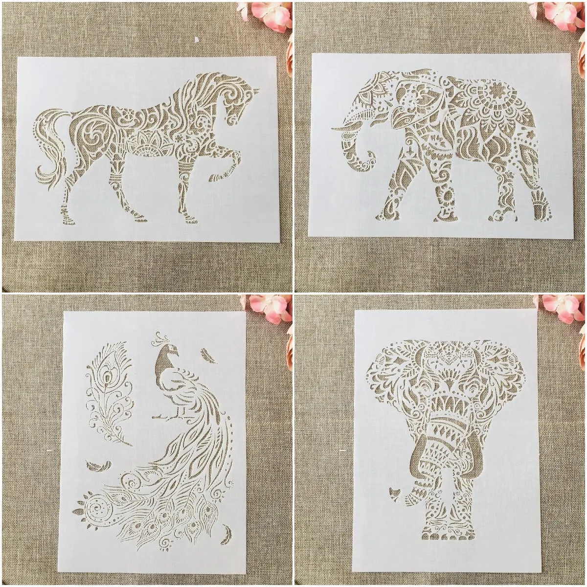 4Pcs/Set A4 29cm Mandala Elephant Horse Peacock DIY Layering Stencils Painting Scrapbook Coloring Embossing Album Decor Template