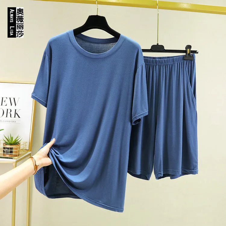 

Топы с коротким рукавом, летний костюм из модала с шортами, большие размеры, свободная тонкая Пижама, домашняя одежда для сна, Мужская пижама с футболкой для мужчин