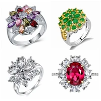 flower lotus design shape ring classic silver color inlaid garnet red zircon ladies banquet ring engagement jewelry wholesale
