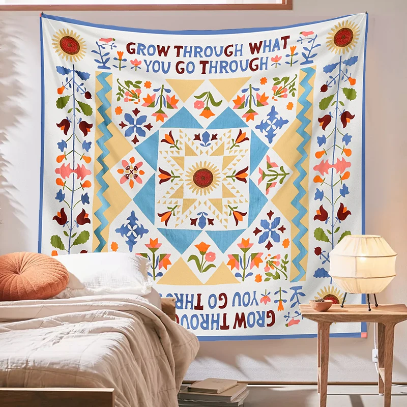 

Beige Boho Tapestry Wall Hanging Cream Mandala Floral Grow Through What You Go Through Tapestry Blanket Bedroom Home Dorm