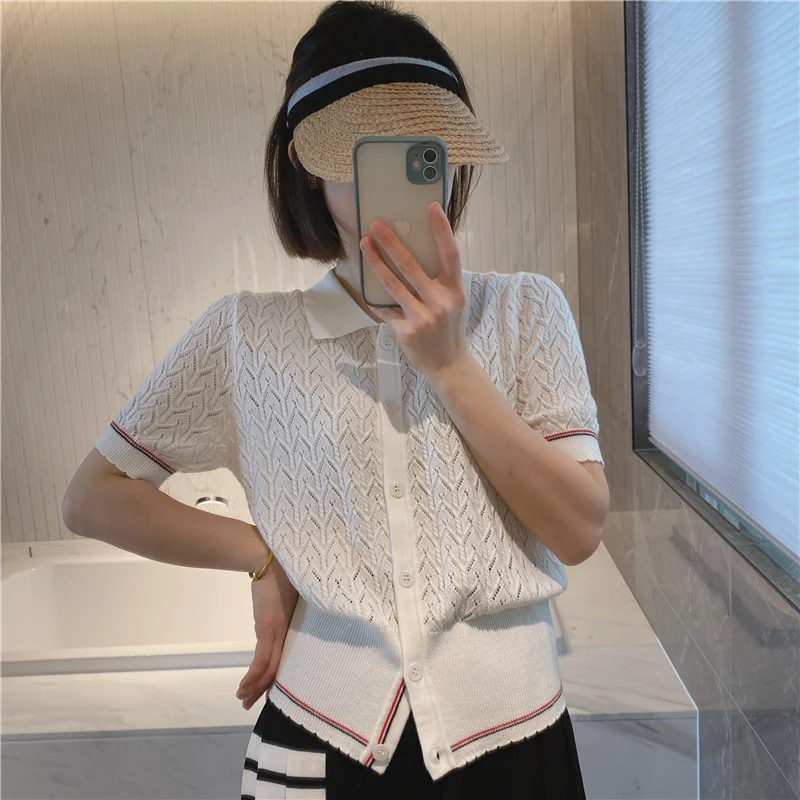 

White lapel crochet short-sleeved women's TB college style knitted wool top European goods heavy industry spring and summer