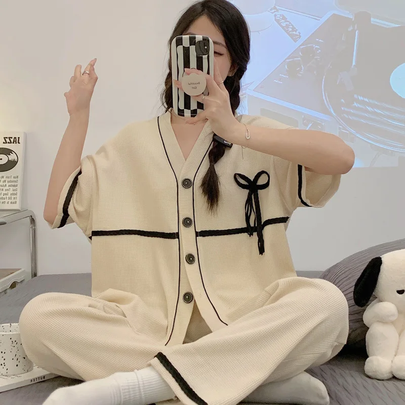 Elegant Women's Summer Waffle Cotton Pajamas Set Chic Lingeries Girl Kawaii Pijama Short Sleeve Casual Sleepwear Women's Clothes
