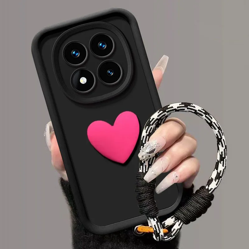 Фото Для Redmi Note 15 Pro Plus, Note 14 Pro, Note 13: чехол с ремешком на запястье, 3D-сердечком, ремешком на руку, задняя крышка из жидкого силикона. №3