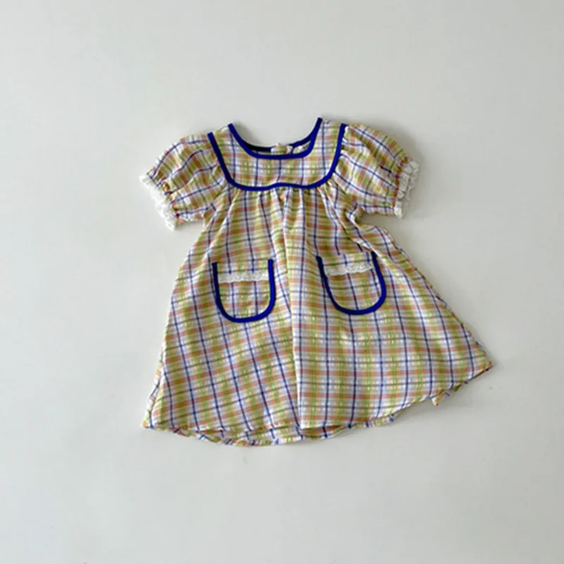 

Children Girl Brief Dress Cute Plaid Double Pockets Puff Sleeves Dresses Baby Girls Summer Thin Cotton Casual Princess Dresses