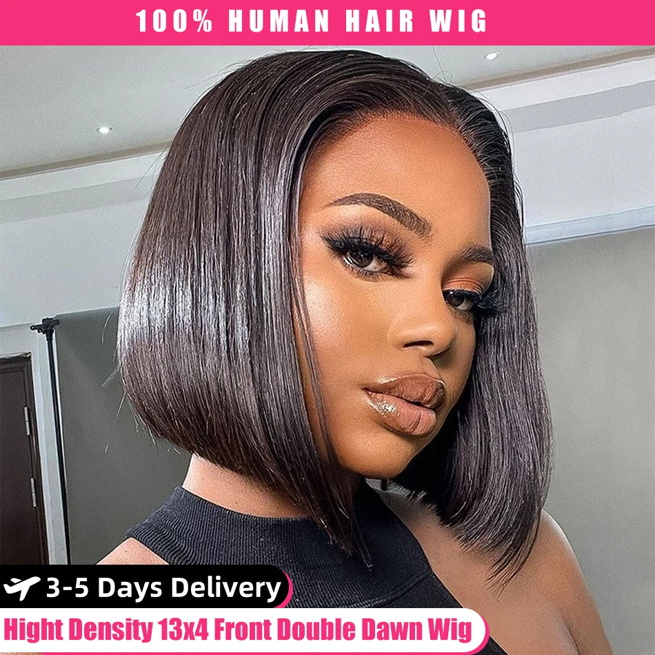 krótki bob prosto koronkowa peruka na przód 13x4 ludzki włos brazylijska klasa Remy naturalny czarny kolor gęsty 150% dla kobiet