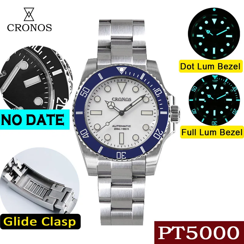 

Cronos Sub Diver Men Watch Black&White No Date PT5000 Bracelet Ceramic Rotating Bezel 200 meters Water Resistant Glideclasp