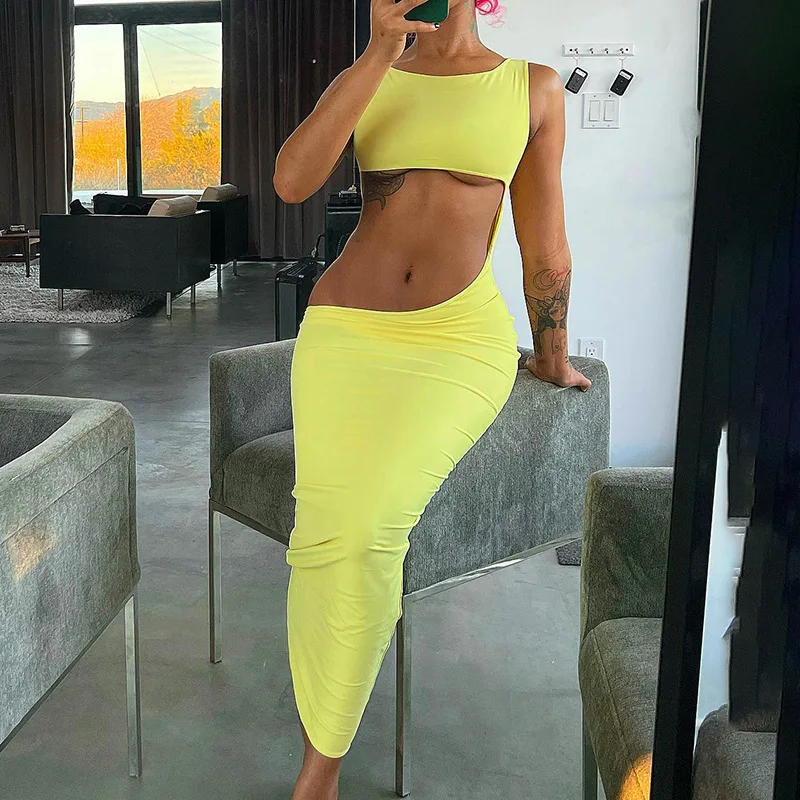 

Fashion Women's Summer Spring New Irregular Sexy Midriff-Baring Sleeveless Round Neck Tight Dress Solid Color O Neck Sheath