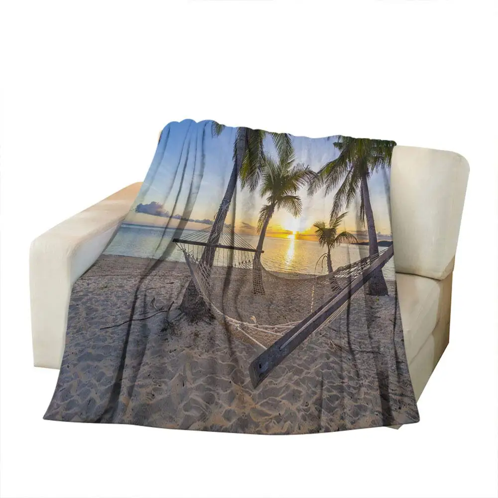 

Tropical Beach Throw Blanket Island Bay Coconut Palm Tree Landscape Ocean Sea At Sunset Flannel for Bed Couch Sofa Super Soft