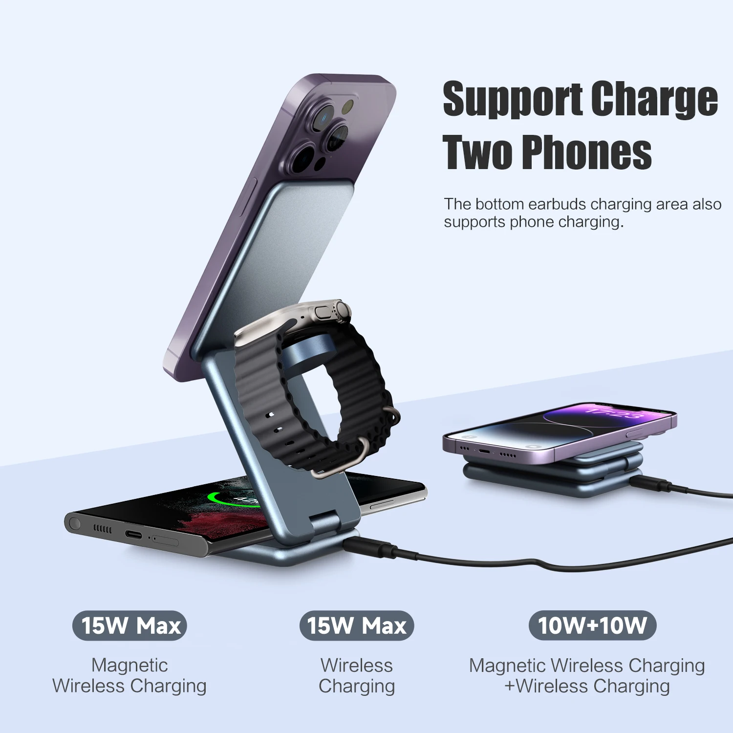Portable 3 in 1 Foldable Wireless Charger Stand Dock for iPhone 14 13 Holder Magnetic Fast Charging Station for Apple Watch S8