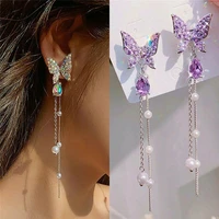 fairy butterfly long tassel earrings for women girls purple rhinestone earrings pearls drop earrings party jewelry