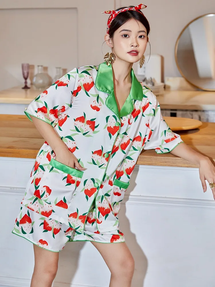 Summer Strawberry Manor High Sense Ice Silk Short Sleeve Ladies Pajamas пижама женская pajama set  سكسي نيك