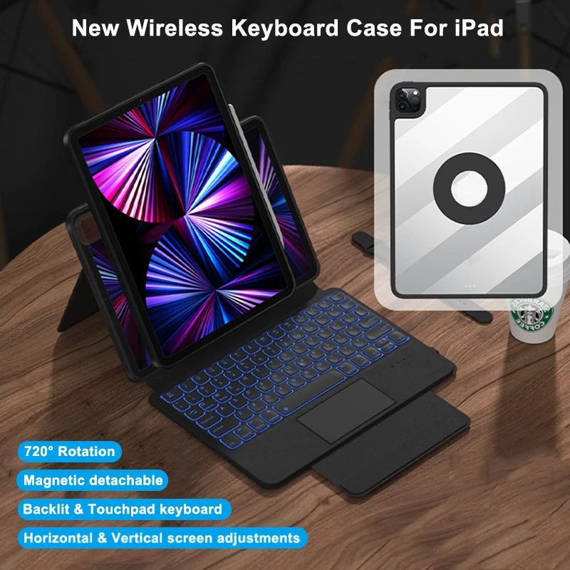 2022 New Wireless Keyboard Rotation Magnetic Pencil Tablet Case iPad 10.2inch Detachable Back Shell for iPad Pro 11 10.9 Case