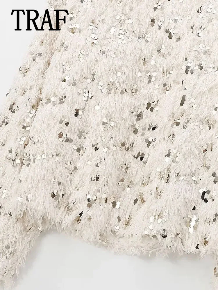 TRAF женский свитер пуловеры элегантный с перьями и блестками 2024 осень-зима
