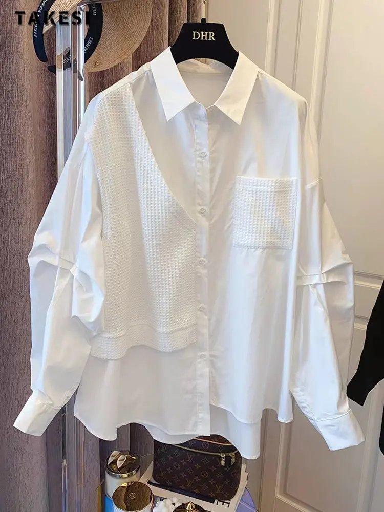 

Женская однобортная блузка в стиле пэчворк, Свободная Повседневная белая блузка с длинным рукавом и отложным воротником, новинка весны