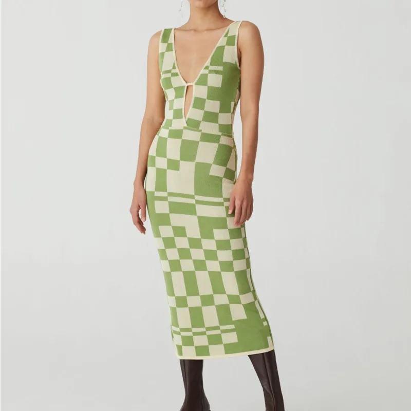 

Женское трикотажное платье, сексуальные облегающие вечерние платья с открытой спиной, клетчатое платье на бретелях-спагетти, летние женски...