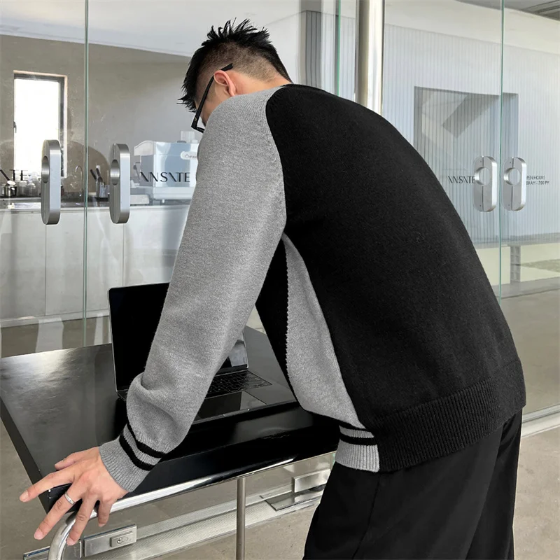 Мужские пуловеры с круглым вырезом вязаные свитера в стиле пэчворк осенняя