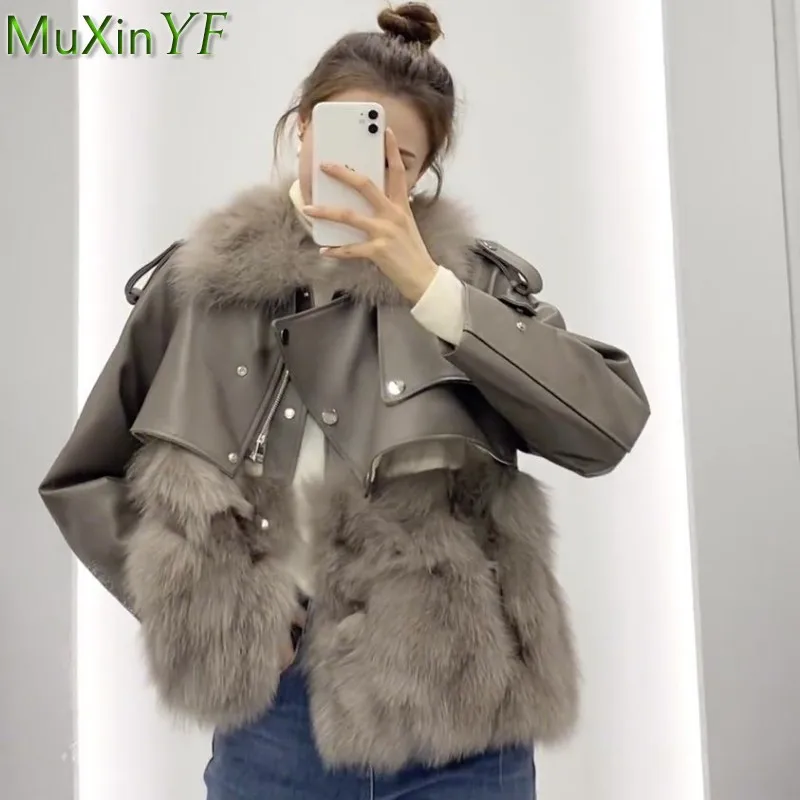 2022 Winter Women's Warm Thick Coat Luxury Lady Graceful Faux Fur Jacket Korean Fashion PU Leather Patchwork Outerwear Female