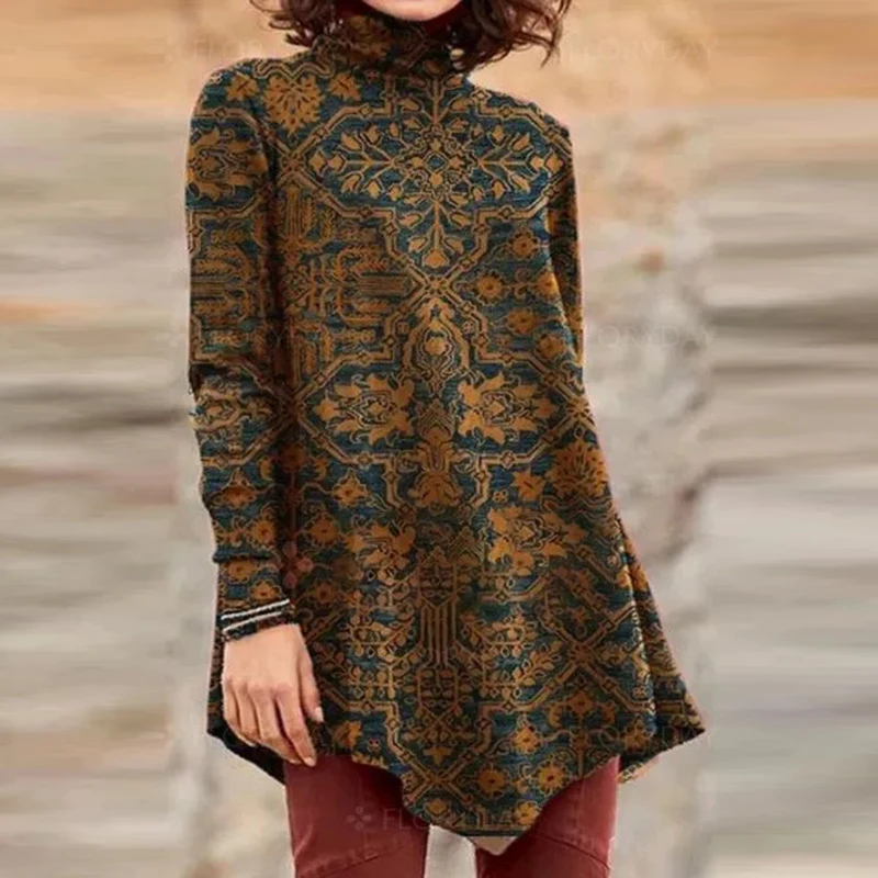 

Elegant Vintage Pattern Print Boho Loose Pullover Tops Casual Female Long Sleeve T-Shirts Retro Women Turtleneck Autumn Blouse