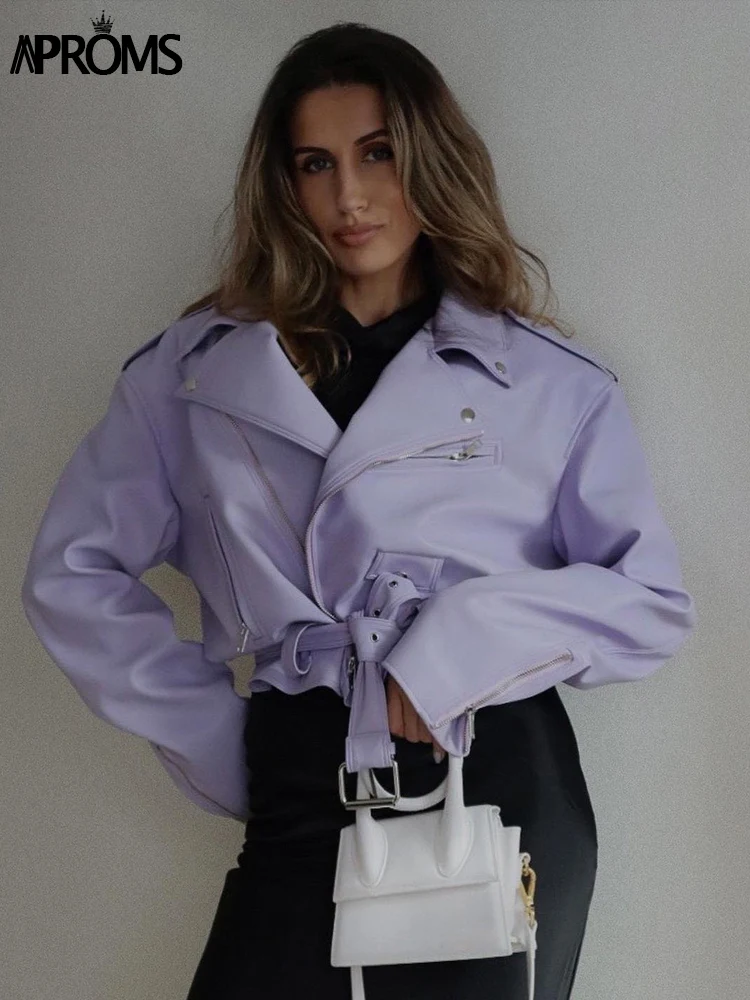 Aproms Vintage Soft PU Leather Motorcycle Jacket Women 2022 Winter Belt Zipper Basic Oversized Coat Female Casual Warm Outerwear